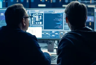 two men looking at a monitor