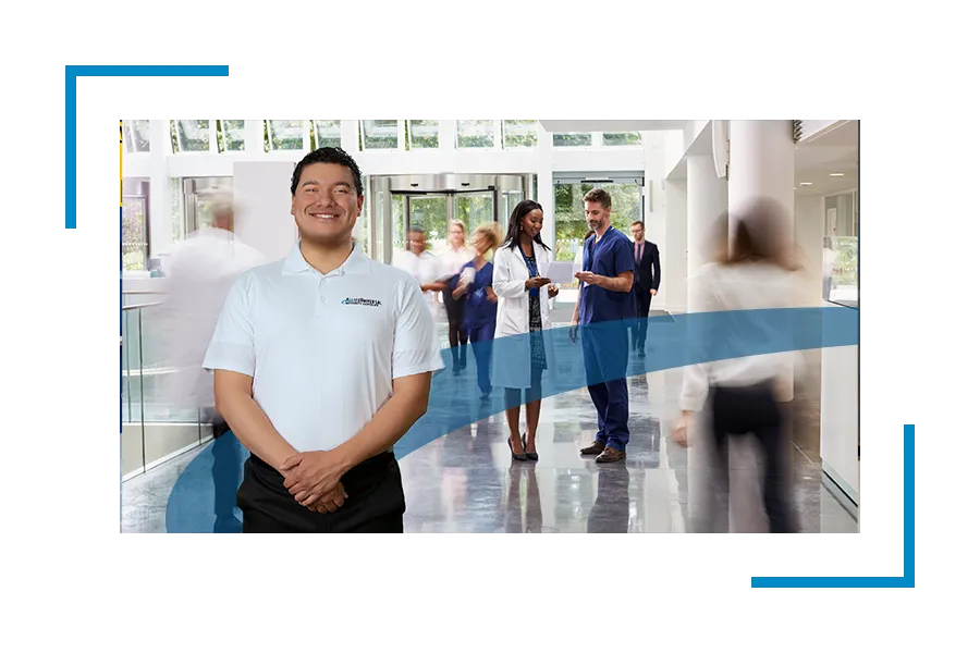 Allied Universal healthcare security guard in uniform in a hospital